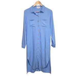 4our Dreamers Blue Linen‎ Shirt Dress Midi Size Small Lagenlook Coastal Chic